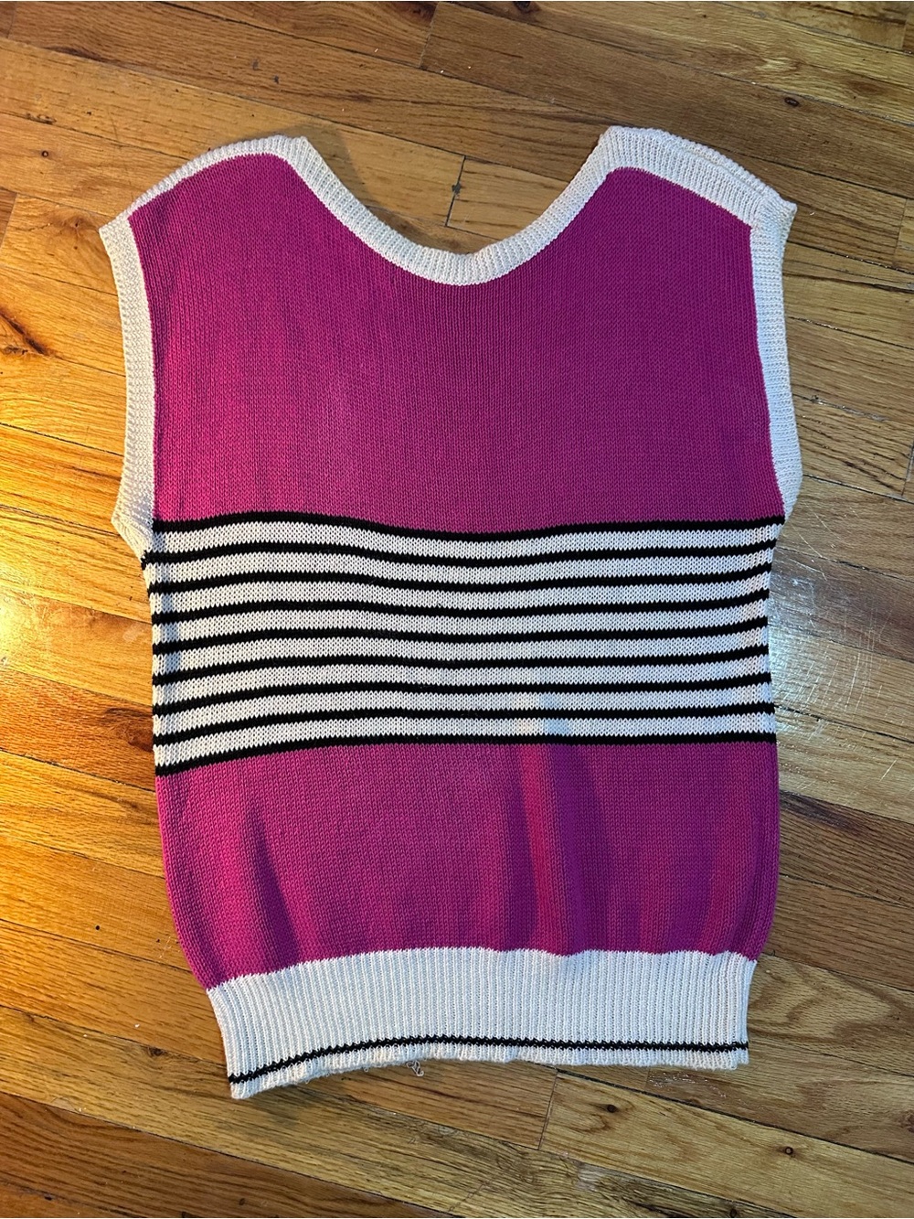 Vintage Sleeveless Fuchsia Knit Top/Sweater Vest with Striped Waistband